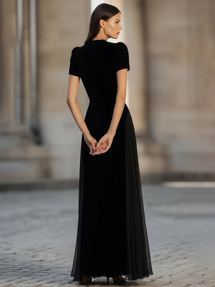Short Sleeve Floor-Length Dress With Sheer Flowing Skirt
