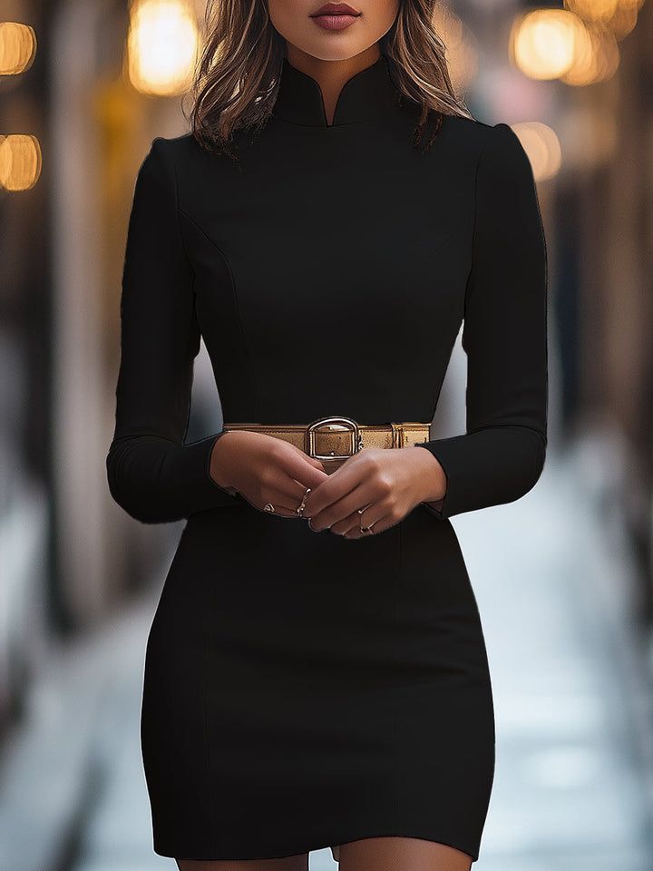 Elegant White Mandarin Collar Dress with Belt Design