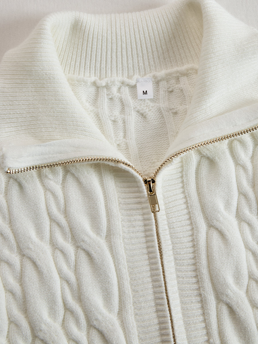 Elegant Zip-Front Knitted Sweater Dress In Ivory