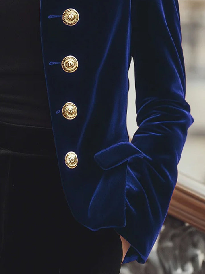 Chic Velvet Jacket with Bold Gold Accents