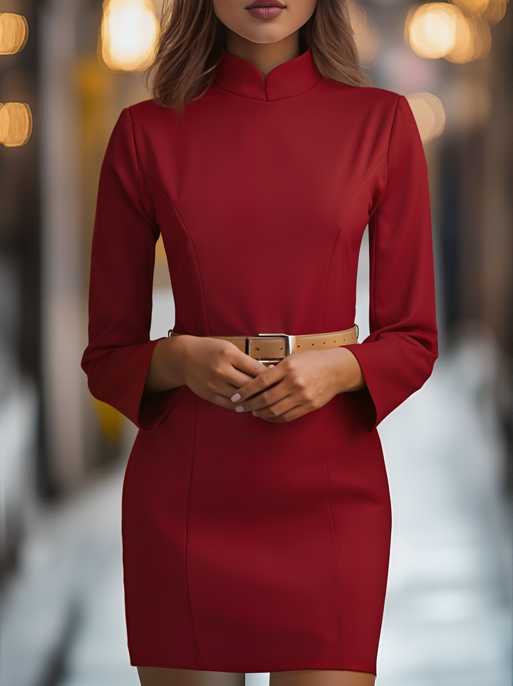 Elegant White Mandarin Collar Dress with Belt Design