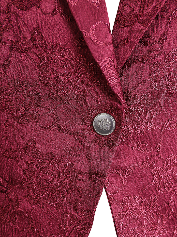 Burgundy Floral Jacquard Single-Breasted Blazer