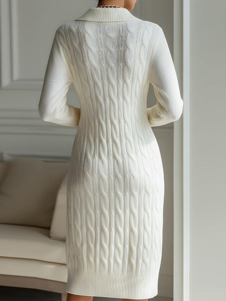 Elegant Zip-Front Knitted Sweater Dress In Ivory