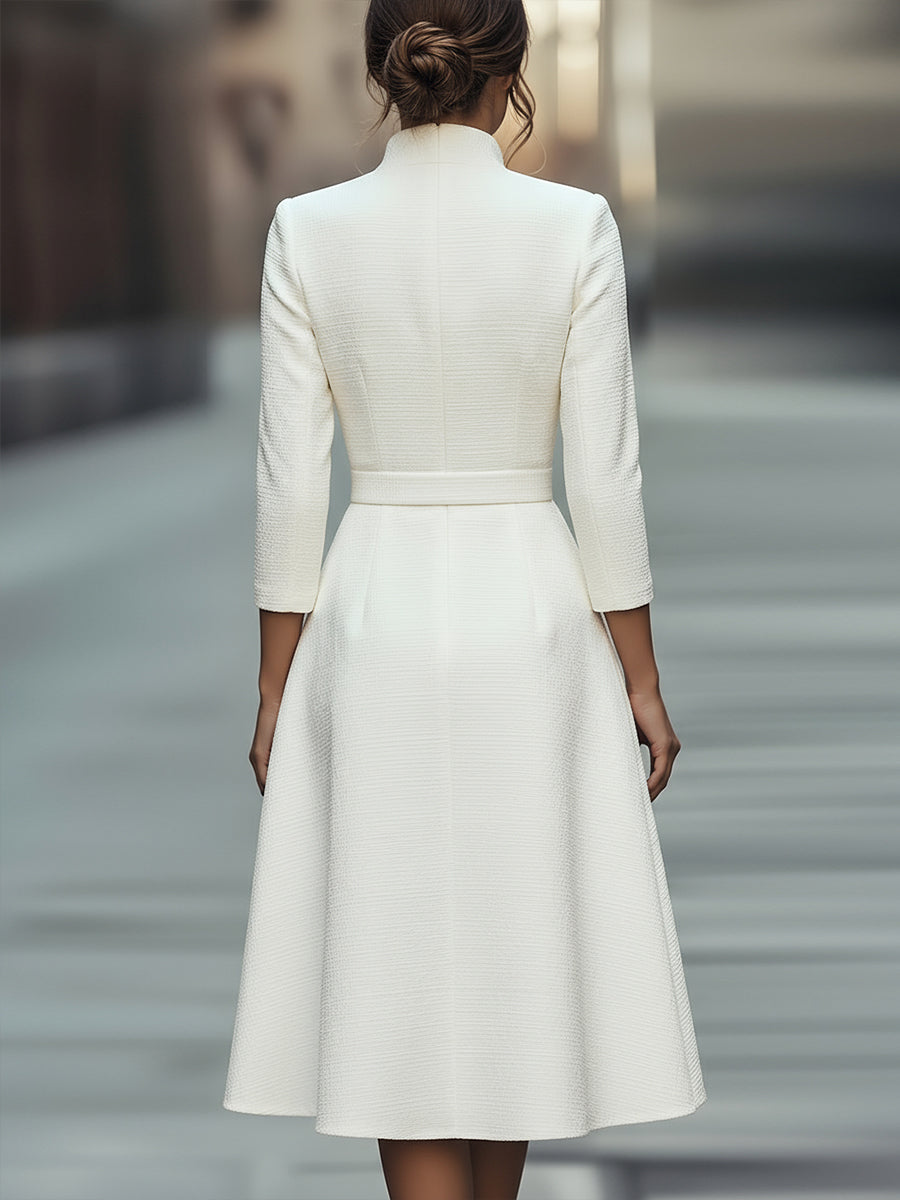 White Textured Belted Midi Dress With V-Neckline