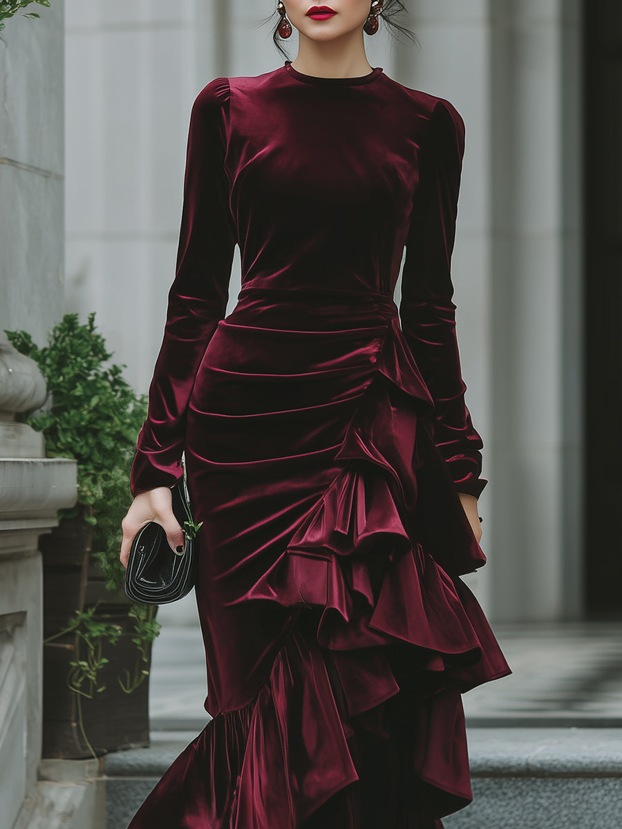 Long Sleeve Ruffled Tier Evening Gown