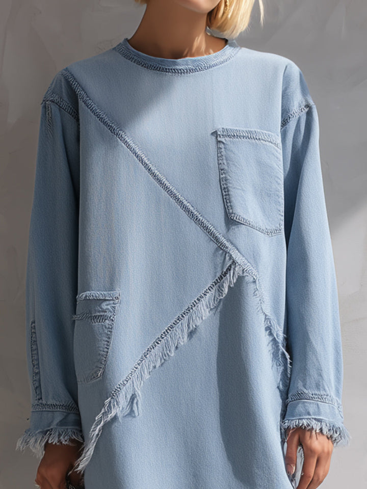 Light Blue Raw-Edge Denim Mini Dress