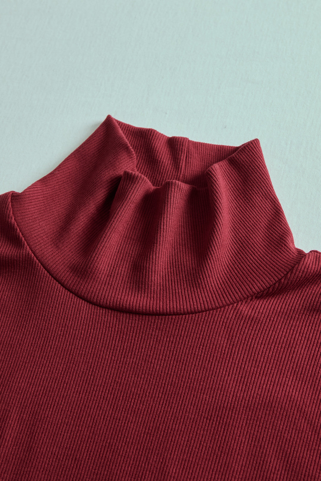 Burgundy Ribbed Turtleneck Mini Dress with Balloon Sleeves