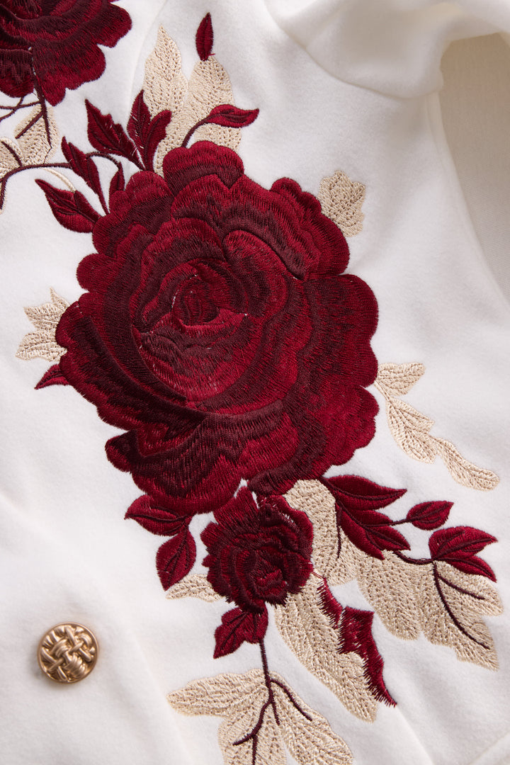 Chic White Blazer with Red Rose Embroidery