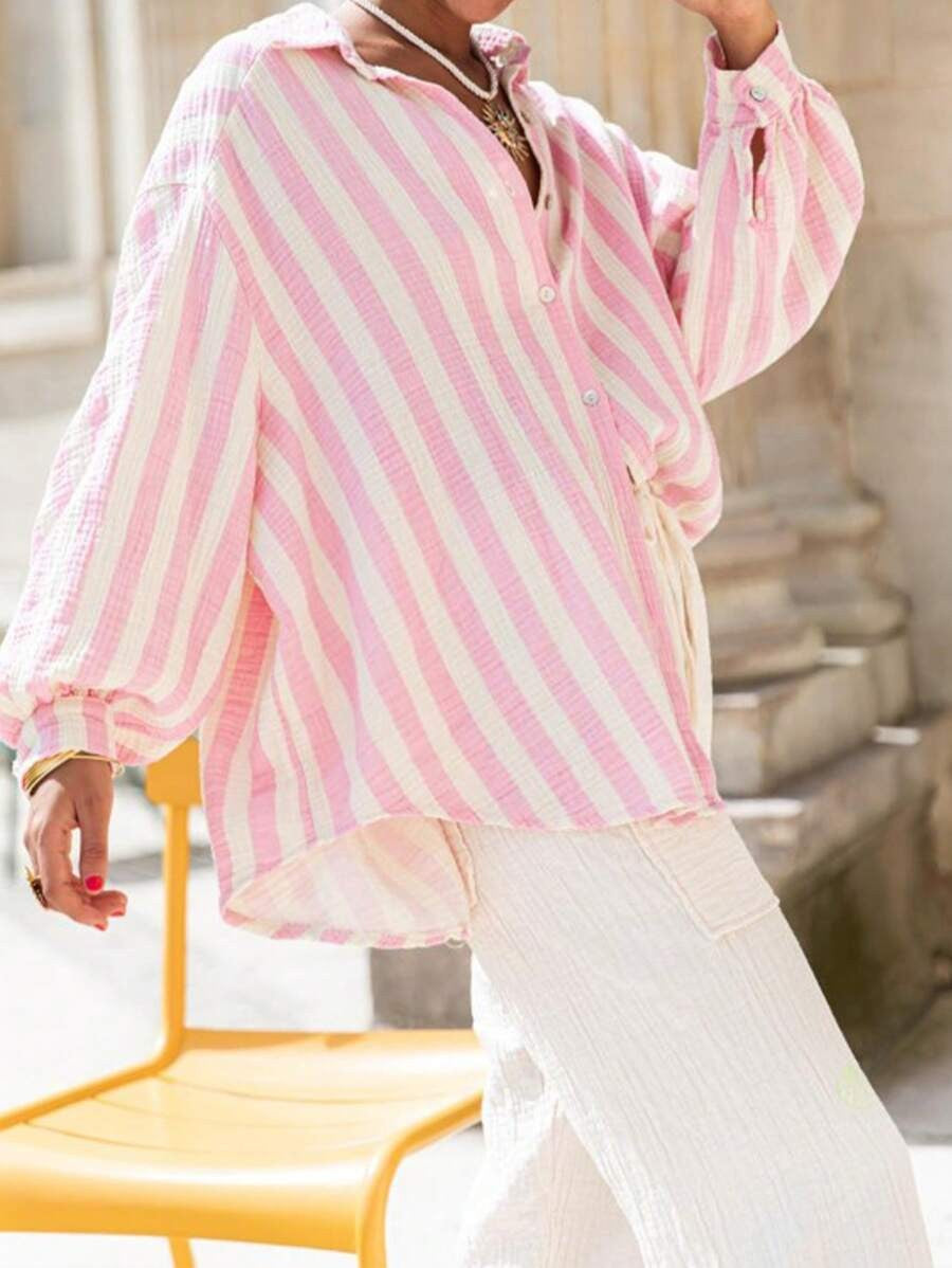 VINCLAIRE™ - Cozy Striped Long Sleeve Button Down Blouse