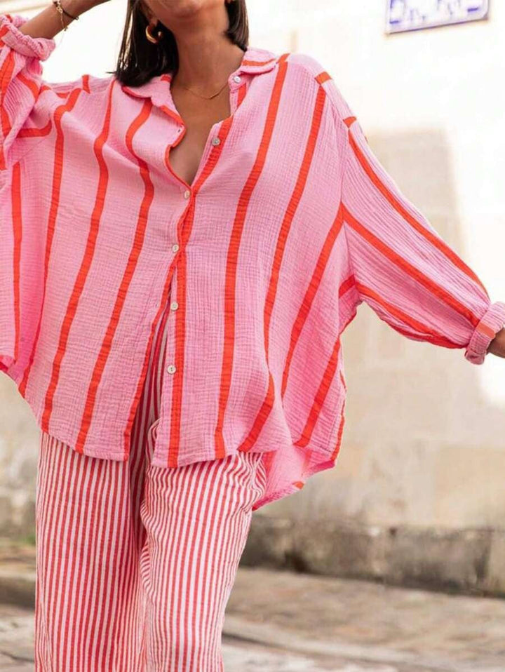 VINCLAIRE™ - Cozy Striped Long Sleeve Button Down Blouse