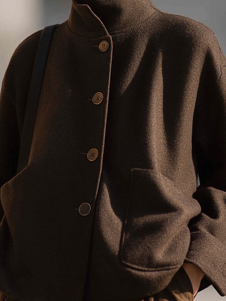 Minimalist Brown Wool Stand-Collar Jacket