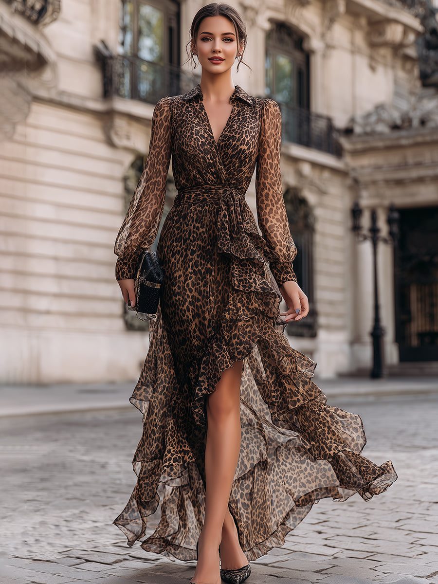 Leopard Print Wrap Midi Dress With Ruffled Hem